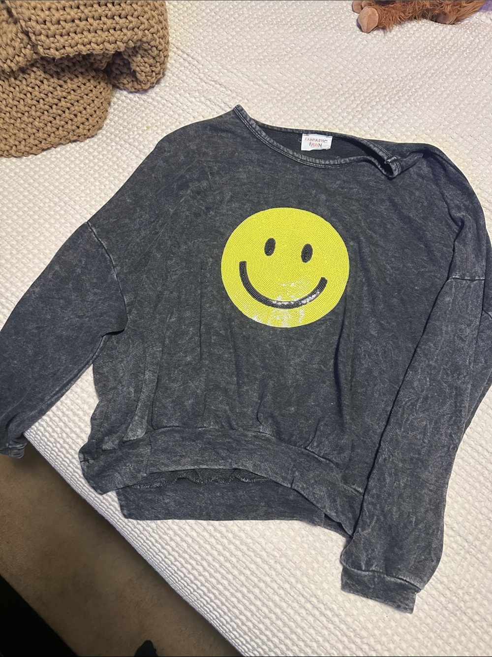 Washed Black Grey Crewneck Sweater with Yellow Smiley Graphic